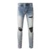 Men Leather Patches Denim Jeans Streetwear Holes Ripped High Stretch Pants Light Blue Skinny Tapered Trousers_mkmklike.com