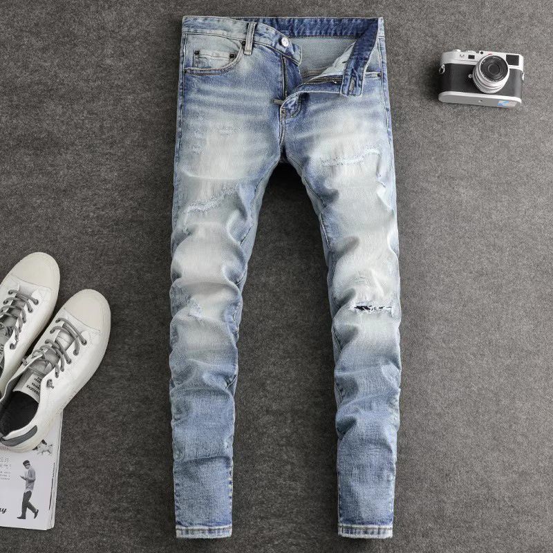 Men's Clothing Men's Slim Fit Skinny Jeans Ripped Distressed Light Blue Washed High Waist European American Fashion Trendy Brand High Street Style_mkmklike.com