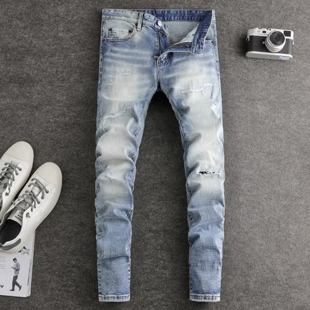 Men's Clothing Men's Slim Fit Skinny Jeans Ripped Distressed Light Blue Washed High Waist European American Fashion Trendy Brand High Street Style_mkmklike.com