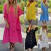 women's clothing new casual loose cotton and linen pocket 7-point sleeve button long skirt dress for women_mkmklike.com