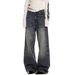 Unisex Trendy Dark Blue Straight Leg Jeans Midweight Washed Distressed Whiskered Loose Wide Leg Pants for Couples_mkmklike.com