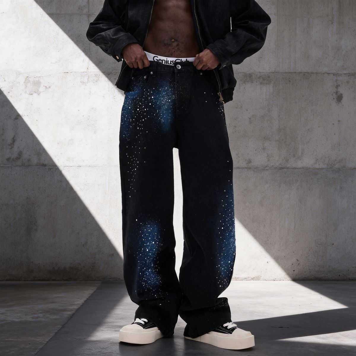 Men's Streetwear Rhinestone Jeans – Oversized Straight-Leg With Galaxy Black Graffiti (S-3XL) | Hip-Hop & Urban Fashion_mkmklike.com