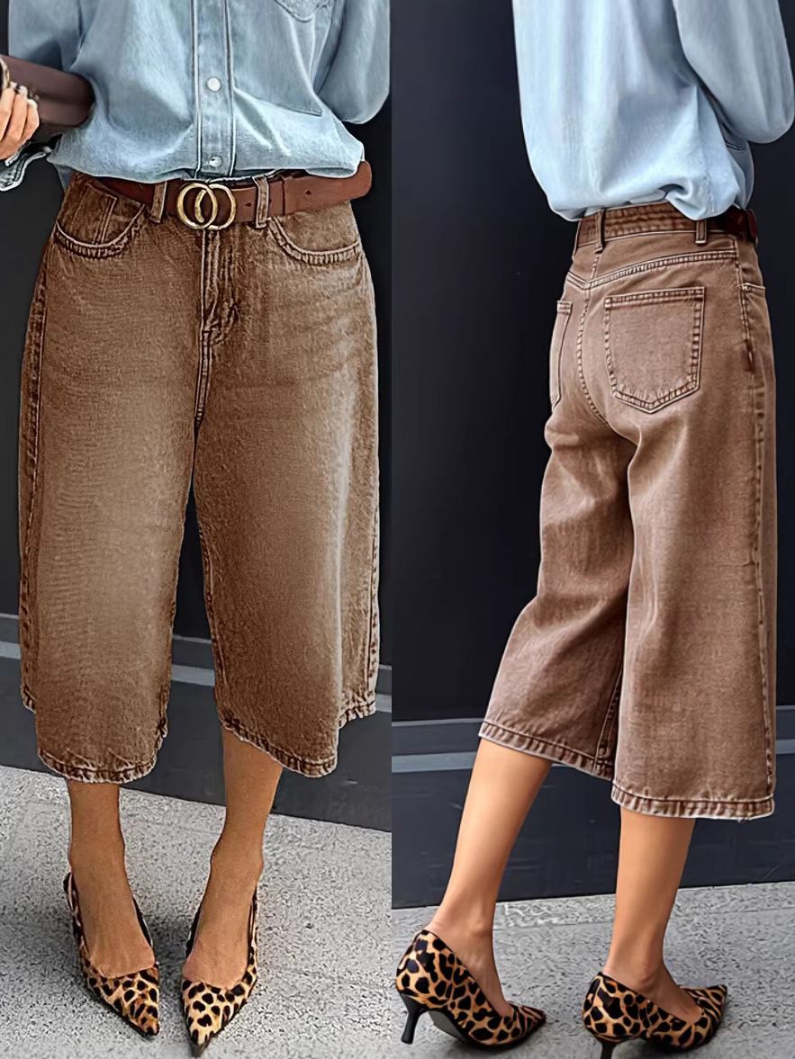 Women's Retro Wide Leg Jeans Y2 Style Bermuda Straight Leg Mid Length Pants Versatile Slimming_mkmklike.com