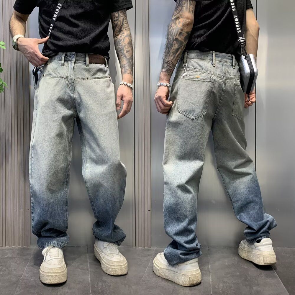 Men's Gradient Washed Denim Jeans American Style Loose Straight Leg Street Style High Street Retro Trousers_mkmklike.com