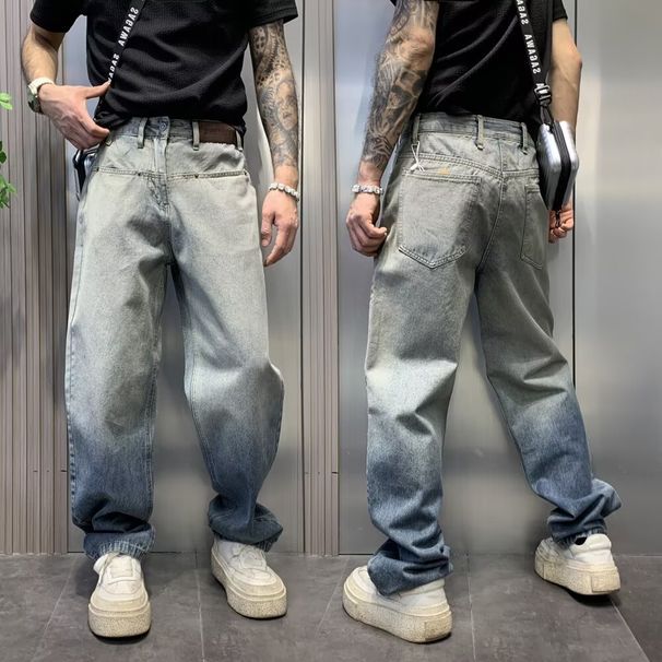 Men's Gradient Washed Denim Jeans American Style Loose Straight Leg Street Style High Street Retro Trousers_mkmklike.com