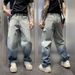 Men's Gradient Washed Denim Jeans American Style Loose Straight Leg Street Style High Street Retro Trousers_mkmklike.com