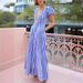 Women's Clothing low-cut V-neck fashion striped puff sleeve big swing dress_mkmklike.com