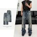 Vintage Washed Blue Distressed Patchwork Denim Jeans With Silver Selvedge & Whiskering - Straight Leg Relaxed Fit For Men & Women_mkmklike.com