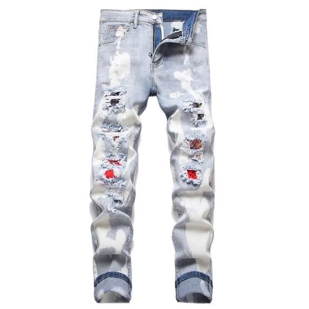 Men's Slim Fit Stretch Denim Jeans With Embroidery & Ripped Details - Straight Leg Comfortable Casual Pants_mkmklike.com