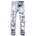 Men's Slim Fit Stretch Denim Jeans With Embroidery & Ripped Details - Straight Leg Comfortable Casual Pants_mkmklike.com