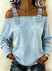 Women's Off Shoulder Long Sleeve Denim Blouse, Adjustable Strap Cold Shoulder Casual Top, Loose Fit Curved Hem Jeans Shirt For Daily Wear Streetwear,_mkmklike.com