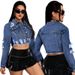 Women's Distressed Denim Jacket With Fringe Detail - Slim Fit Long Sleeve Blue Denim Shirt For Casual & Office Wear_mkmklike.com