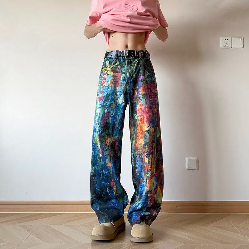 Men's Clothing Retro Washed Ink Oil Painting Palette Jeans Men's And Women's Spring High Street 3d Color Printed Floor Mopping Trousers_mkmklike.com