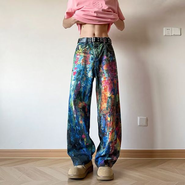 Men's Clothing Retro Washed Ink Oil Painting Palette Jeans Men's And Women's Spring High Street 3d Color Printed Floor Mopping Trousers_mkmklike.com