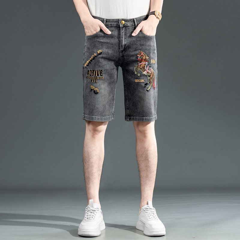 Men's Vintage Embroidered Denim Shorts Straight Fit Stretch Fabric Horse Motif Retro Streetwear 28-38_mkmklike.com