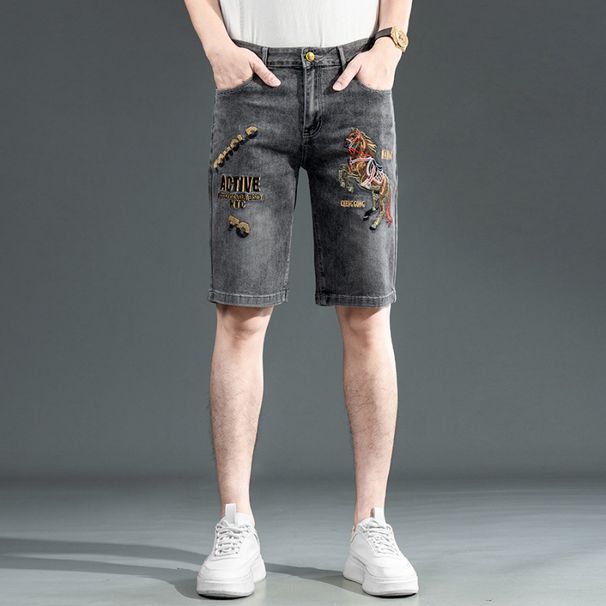 Men's Vintage Embroidered Denim Shorts Straight Fit Stretch Fabric Horse Motif Retro Streetwear 28-38_mkmklike.com