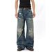 Men's Vintage Washed Distressed Patchwork Denim Jeans - Straight Leg Relaxed Fit With Ripped Details & Cat Whiskers (Blue, S-3xl)_mkmklike.com