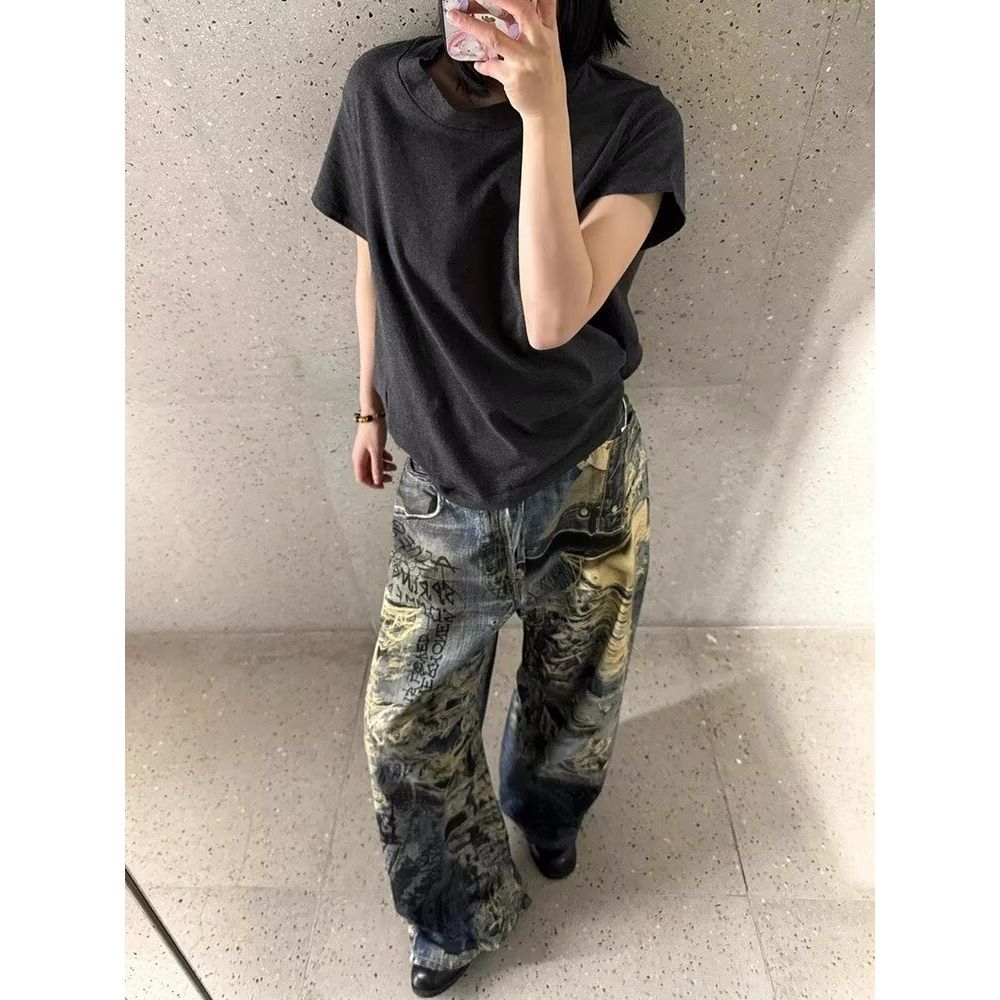 Ac Style Illusion Erosion Ripped Baggy Jeans 3D Digital Direct Injection Hand-painted Graffiti Wide-leg Pants Environmentally Friendly Fabric_mkmklike.com