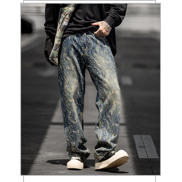 Men's Clothing Men's Trendy Loose Fitting Lightning Patterned Dirty Jeans Straight Leg Wide Leg Pants American High Street Jacquard Jeans_mkmklike.com