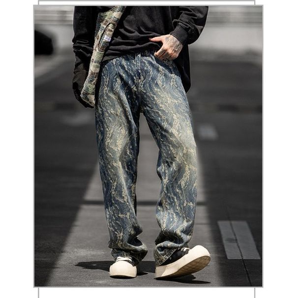 Men's Clothing Men's Trendy Loose Fitting Lightning Patterned Dirty Jeans Straight Leg Wide Leg Pants American High Street Jacquard Jeans_mkmklike.com