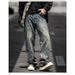 Men's Clothing Men's Trendy Loose Fitting Lightning Patterned Dirty Jeans Straight Leg Wide Leg Pants American High Street Jacquard Jeans_mkmklike.com