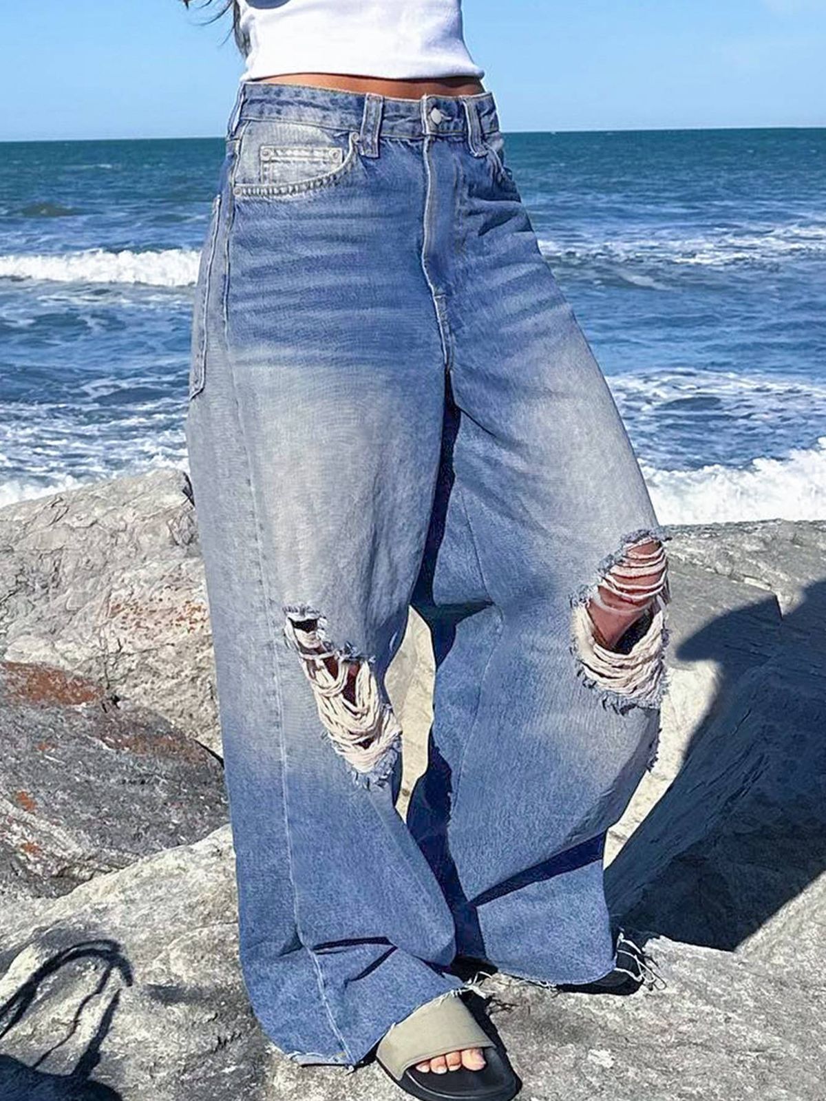 Women’s Clothing Ripped Jeans For Women Loose Straight High Street Summer Thin Ins Beggar Ladies Wide Leg Pants_mkmklike.com