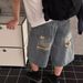 Men's Clothing High Street Trend Hole Brushed Niche Wide Leg Straight Denim Shorts_mkmklike.com