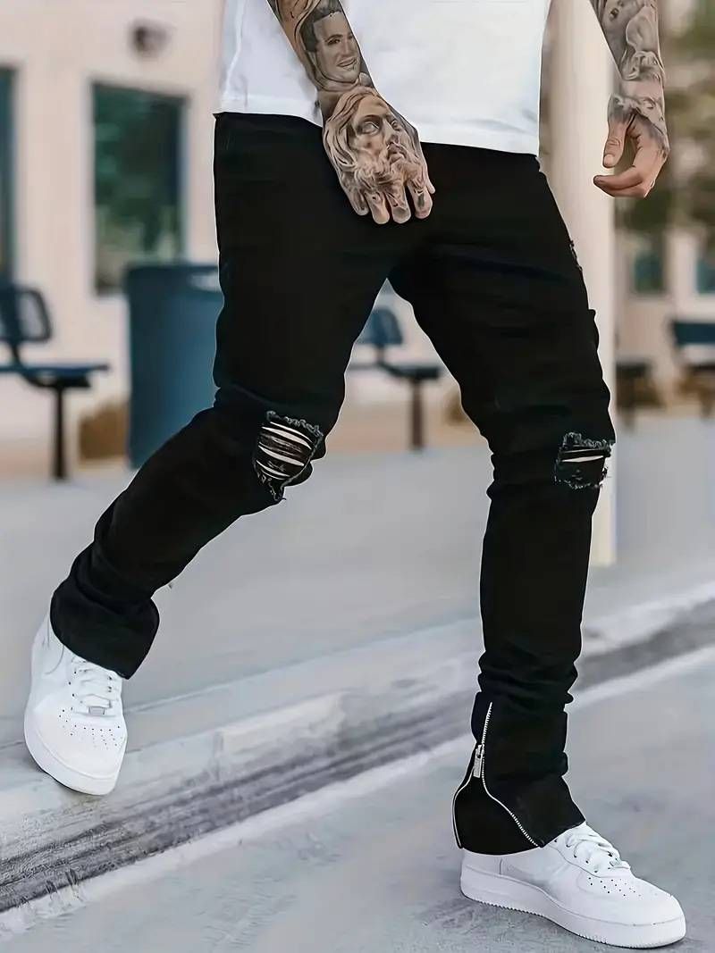 Men's Clothing Slim Fit Stretch Jeans With Ankle Zippers - Trendy Streetwear Denim Pants, Comfortable Cotton Blend, Black (S/M/L/XL/XXL)_mkmklike.com