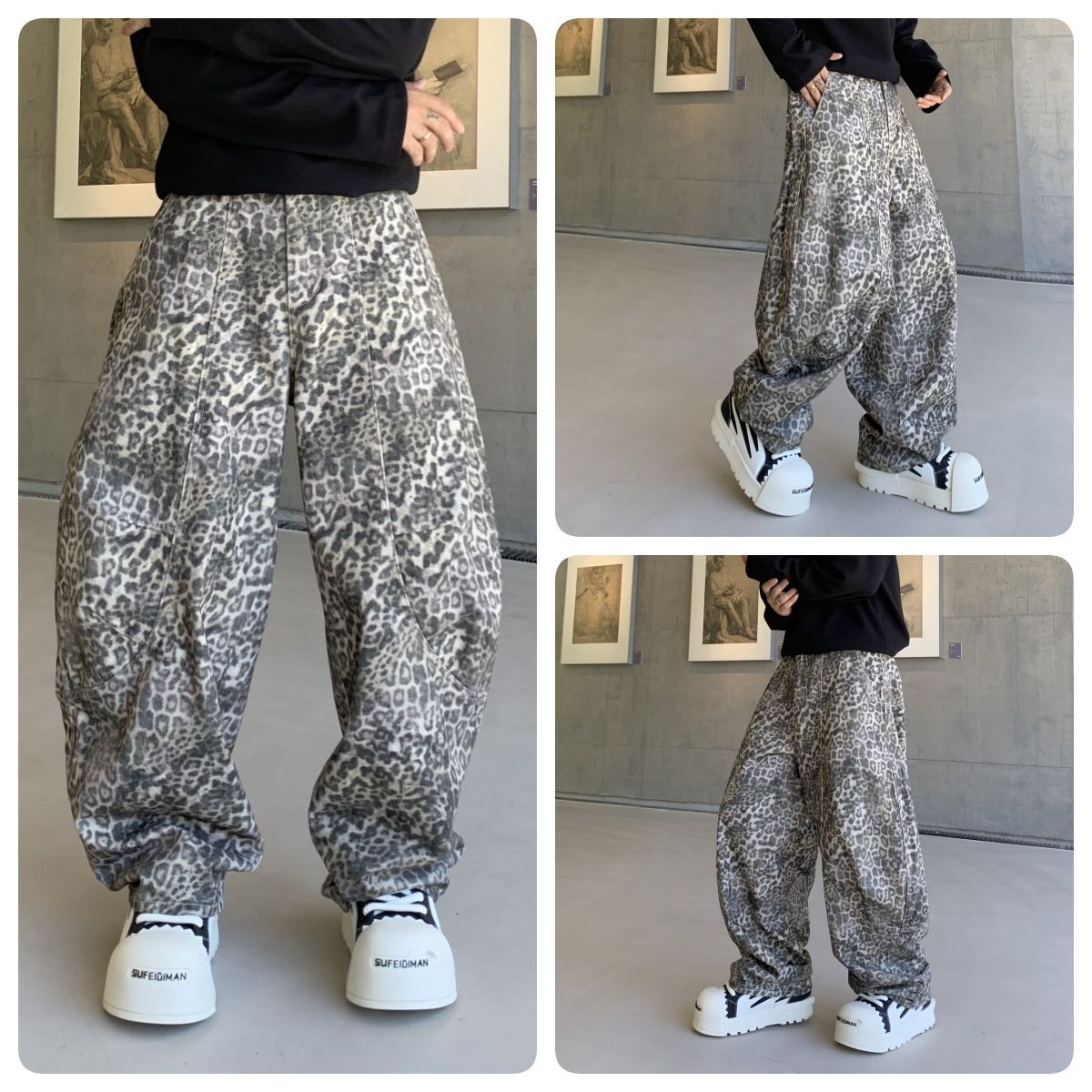Men's Clothing Vintage Leopard Print Flared Jeans – 90s Streetwear Distressed Denim With Raw Hem & Splatter Wash (Unisex Oversized Fit, Non-Stretch)_mkmklike.com