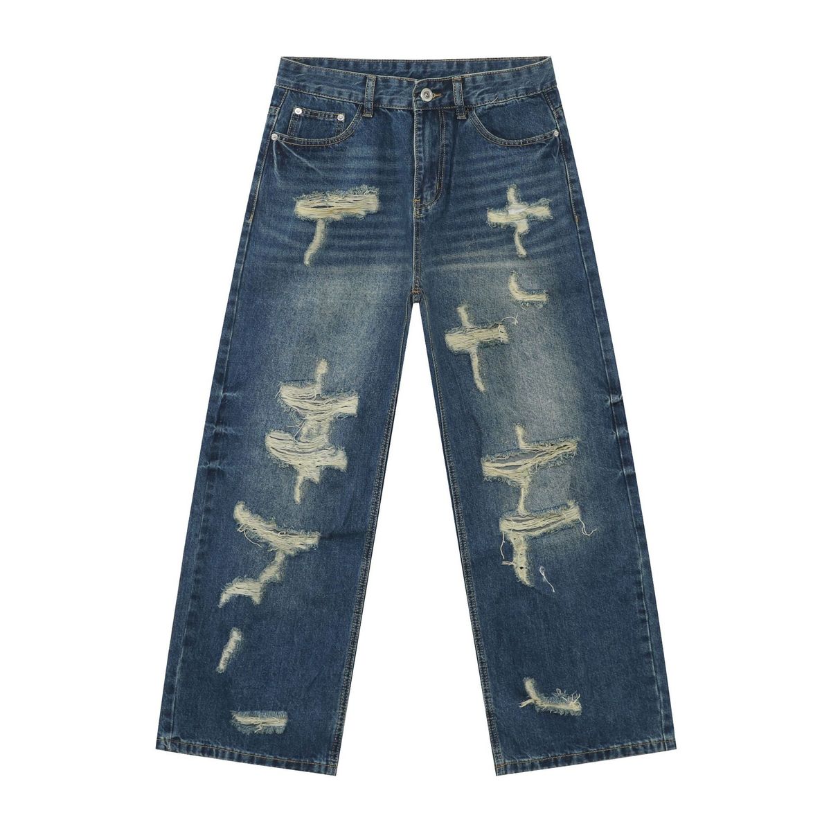 Men's Clothing Nirben Denim | American Ripped Jeans Men's High Street Retro Vibe Loose Trendy Straight Wide Leg Trousers_mkmklike.com
