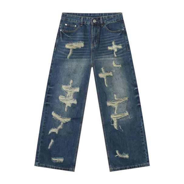 Men's Clothing Nirben Denim | American Ripped Jeans Men's High Street Retro Vibe Loose Trendy Straight Wide Leg Trousers_mkmklike.com