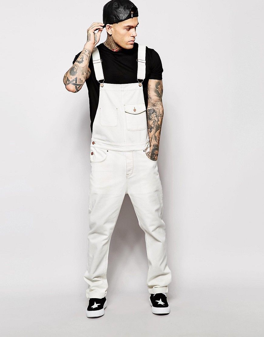 Men's Denim White Bib Pants Slim Fit Trousers Bib Pants_mkmklike.com