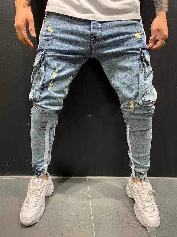 European And American Stretch Men's Jeans, Trendy Knee Hole Zipper Skinny Trousers_mkmklike.com