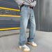 Men's Light Blue Relaxed Fit Straight Leg Jeans – Stretch Waist, Wide Leg Casual Trousers (Cotton, High Waist, Washed & Distressed Finish)_mkmklike.com