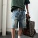 Unisex Summer Denim Shorts 2026 Retro American Patchwork Design Loose Fit Five Point mid Waist Blue with Pockets Machine Washable_mkmklike.com