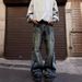 Men's Straight Leg Lightning Stripe Jeans High Street Style Washed Patchwork Design Versatile And Stylish Long Pants_mkmklike.com