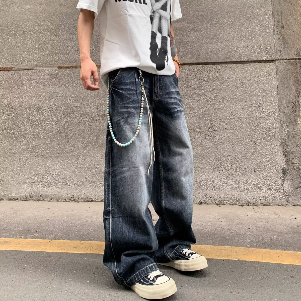 Men's American Style Heavyweight Washed Denim Jeans Straight Leg Loose Fit Casual Trendy Retro Wide Leg Pants_mkmklike.com