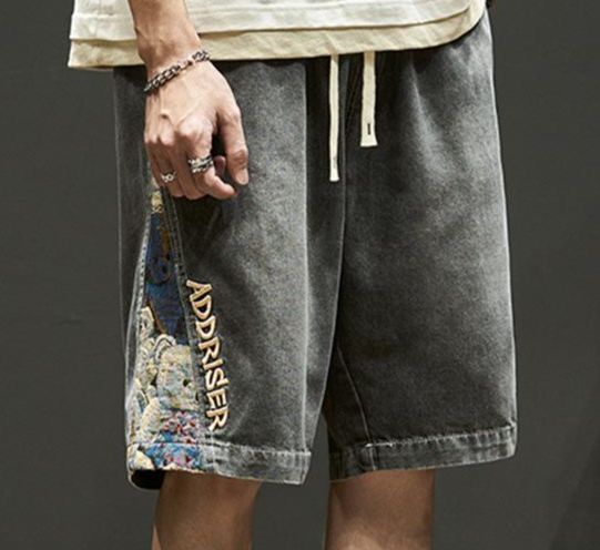 Men's Clothing Denim shorts men's trendy brand ins stitching retro bear embroidered breeches summer loose workwear five-point pants trend_mkmklike.com