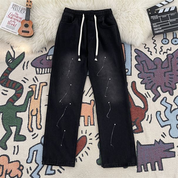 Men's Vintage Splatter Wash Jeans – Relaxed Fit Wide-Leg Denim Pants With Elastic Waist (S-3XL, Black/Blue)_mkmklike.com