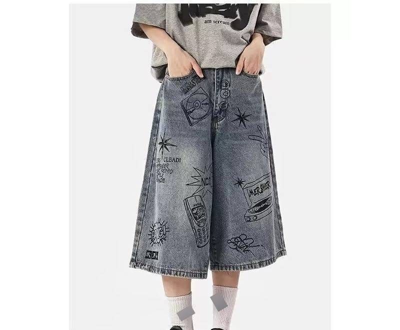 Kakulogo Graffiti Loose Wide Leg Jeans Casual Versatile Seven Point Street Fashion Shorts For Men And Women Summer Style_mkmklike.com