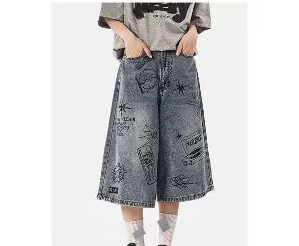 Kakulogo Graffiti Loose Wide Leg Jeans Casual Versatile Seven Point Street Fashion Shorts For Men And Women Summer Style_mkmklike.com