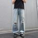 Men's Distressed Jeans High Street Style Washed Light Blue Loose Fitting Wide Leg Floor Length Trousers_mkmklike.com