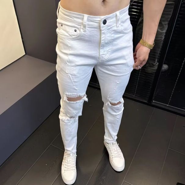 Ripped Skinny Jeans For Men - Trendy Distressed Slim Fit Denim Pants (Cotton Stretch, White/Black, Street Style)_mkmklike.com