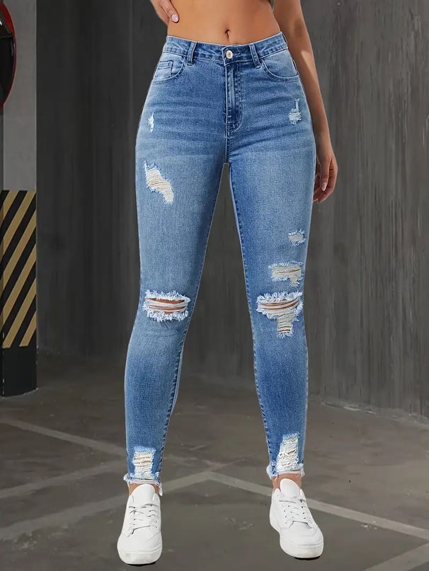 K New Elastic Perforated Slim Fit Women's Jeans Fashion Pants_mkmklike.com