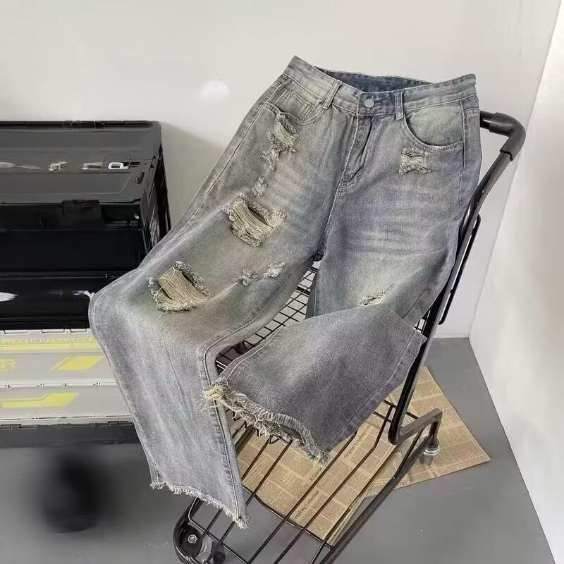 Men's Clothing Men's High Street Vintage Ripped Jeans - Distressed Lightweight Denim Pants With Raw Hem For Casual Streetwear (Yellow Clay, S-3XL)_mkmklike.com