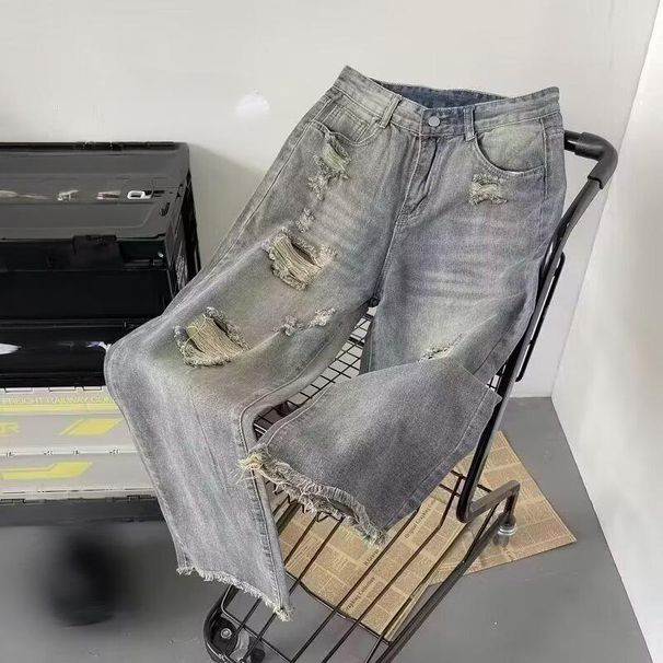 Men's Clothing Men's High Street Vintage Ripped Jeans - Distressed Lightweight Denim Pants With Raw Hem For Casual Streetwear (Yellow Clay, S-3XL)_mkmklike.com