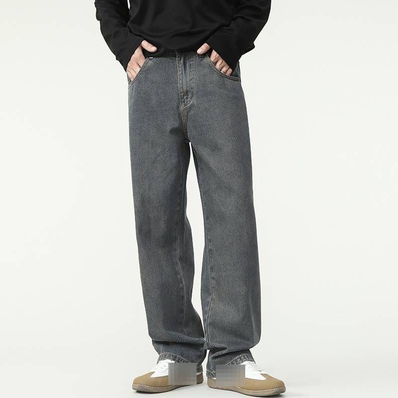 Men’s Heavyweight Vintage Smoke Gray Jeans – High-Street Loose Fit Straight Leg Denim Pants For Casual & Streetwear_mkmklike.com