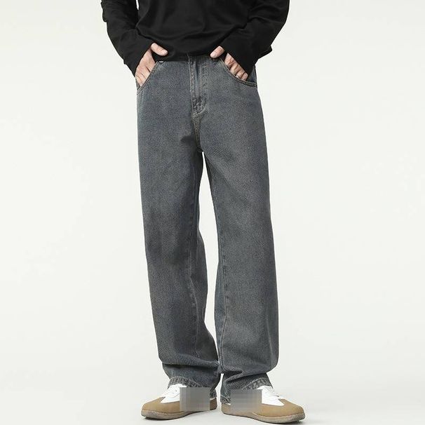 Men’s Heavyweight Vintage Smoke Gray Jeans – High-Street Loose Fit Straight Leg Denim Pants For Casual & Streetwear_mkmklike.com
