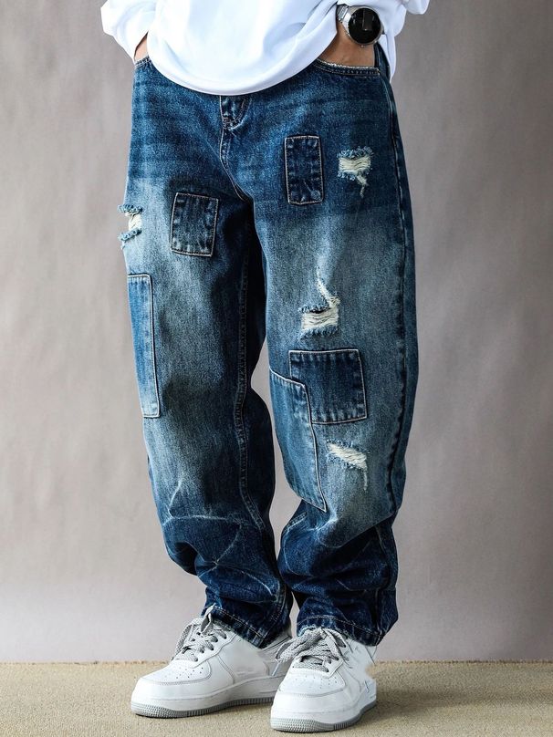 Men's Retro Washed Distressed Multi-Pocket Cargo Jeans High Street Trendy Wide Leg Floor-Length Casual Pants_mkmklike.com