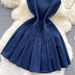 High End Niche Fashion Sleeveless Round Neck Denim Dress For Women Summer Waist Slimming Temperament Pleated Vest Skirt_mkmklike.com